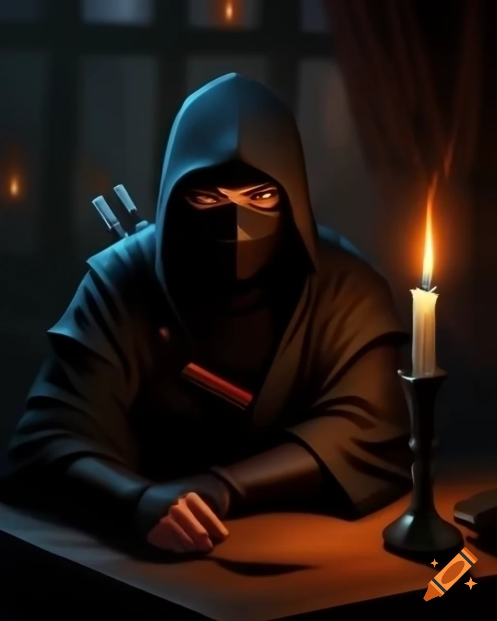 Ninja holding sword indoors at night with candlelight, dark fantasy scene