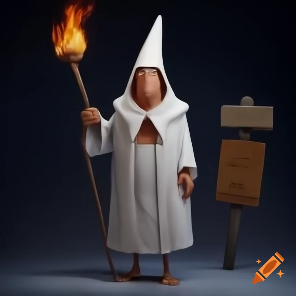 Figure in white robes and hood standing before a burning wooden plus sign