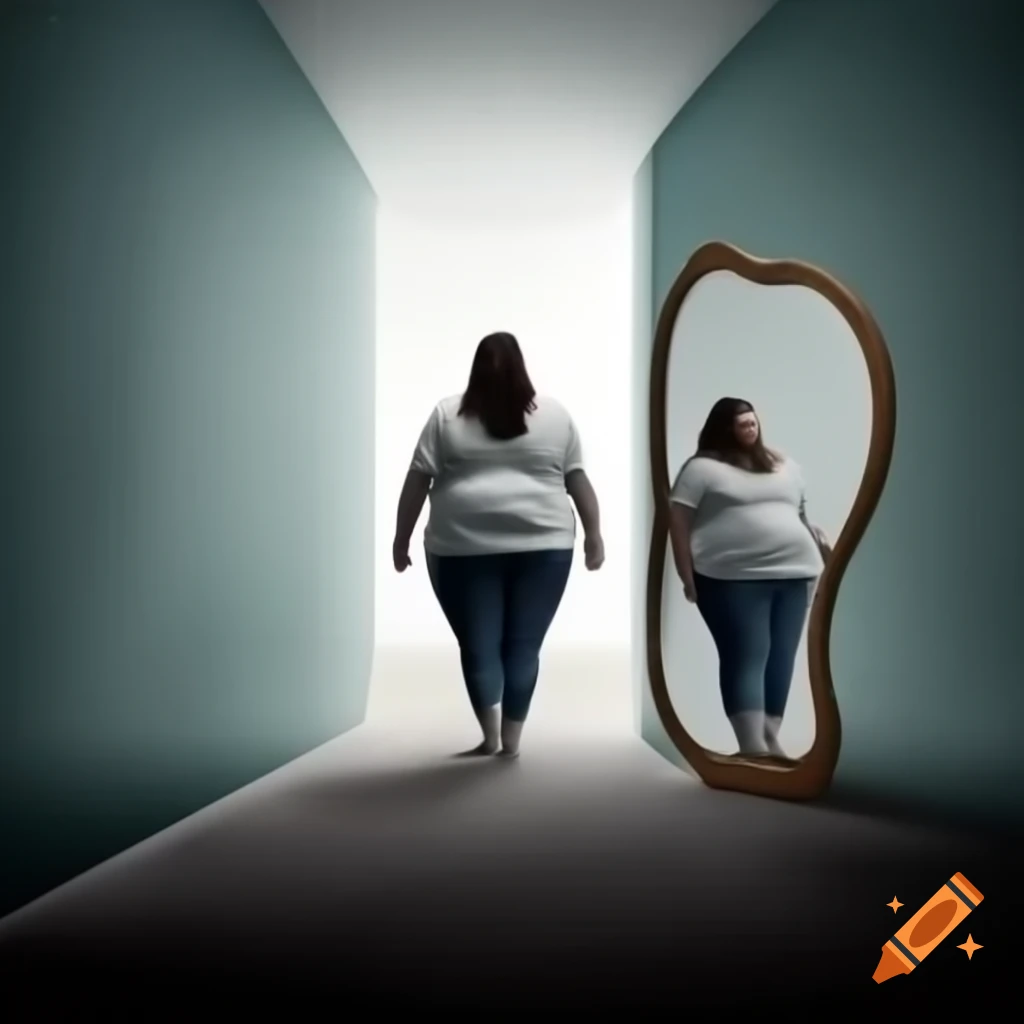 Woman walking down path with contrasting silhouettes and symbolic background of scales and healthy foods