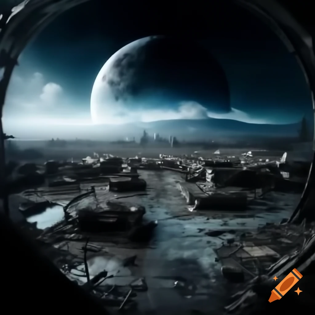 Dystopian city on the moon with view of destroyed Earth
