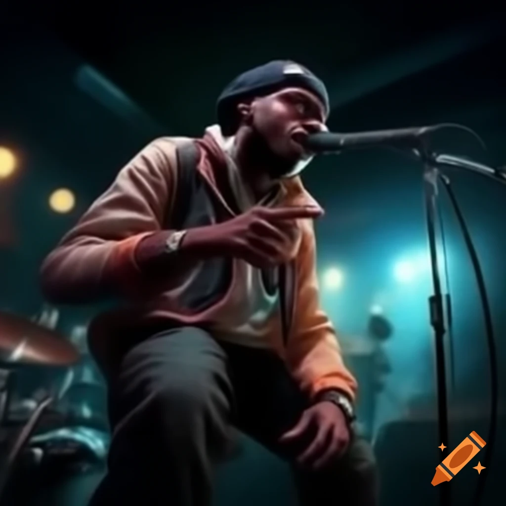 Rap artist band performing on stage with energetic crowd