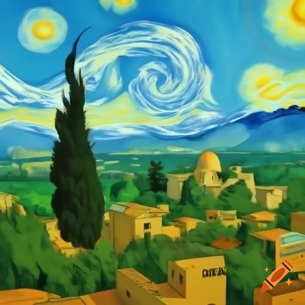 Shiraz skyline with cypress trees and vortex clouds in Van Gogh style