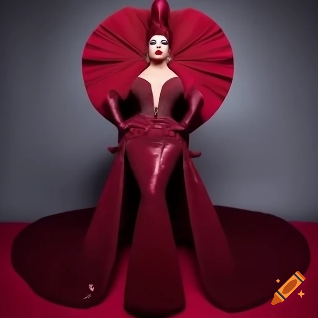 Dazzling burgundy sequined mermaid gown with gold accents for drag queen Lola Luminaire