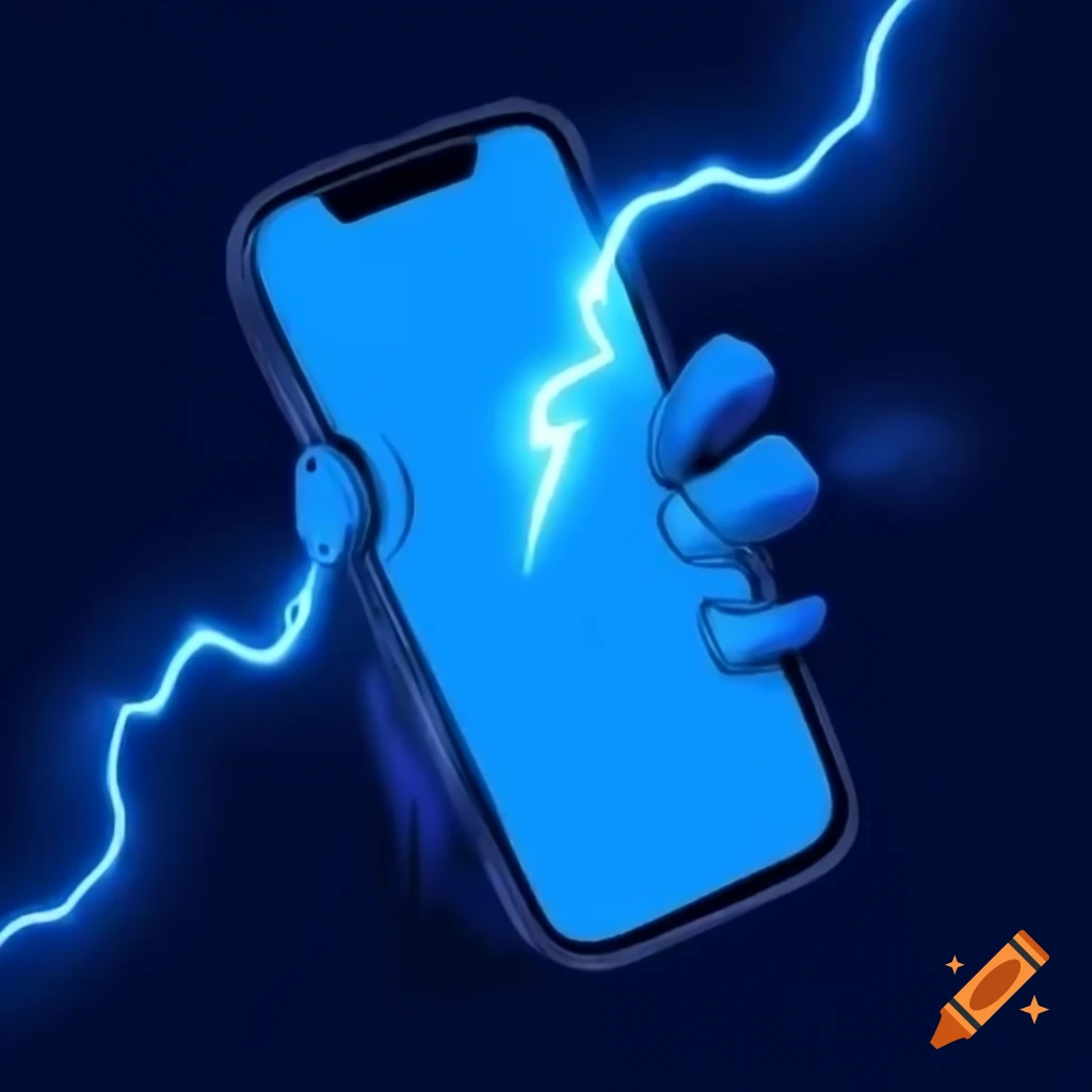 Comic illustration of an iPhone being hacked with blue lightning in dark atmosphere
