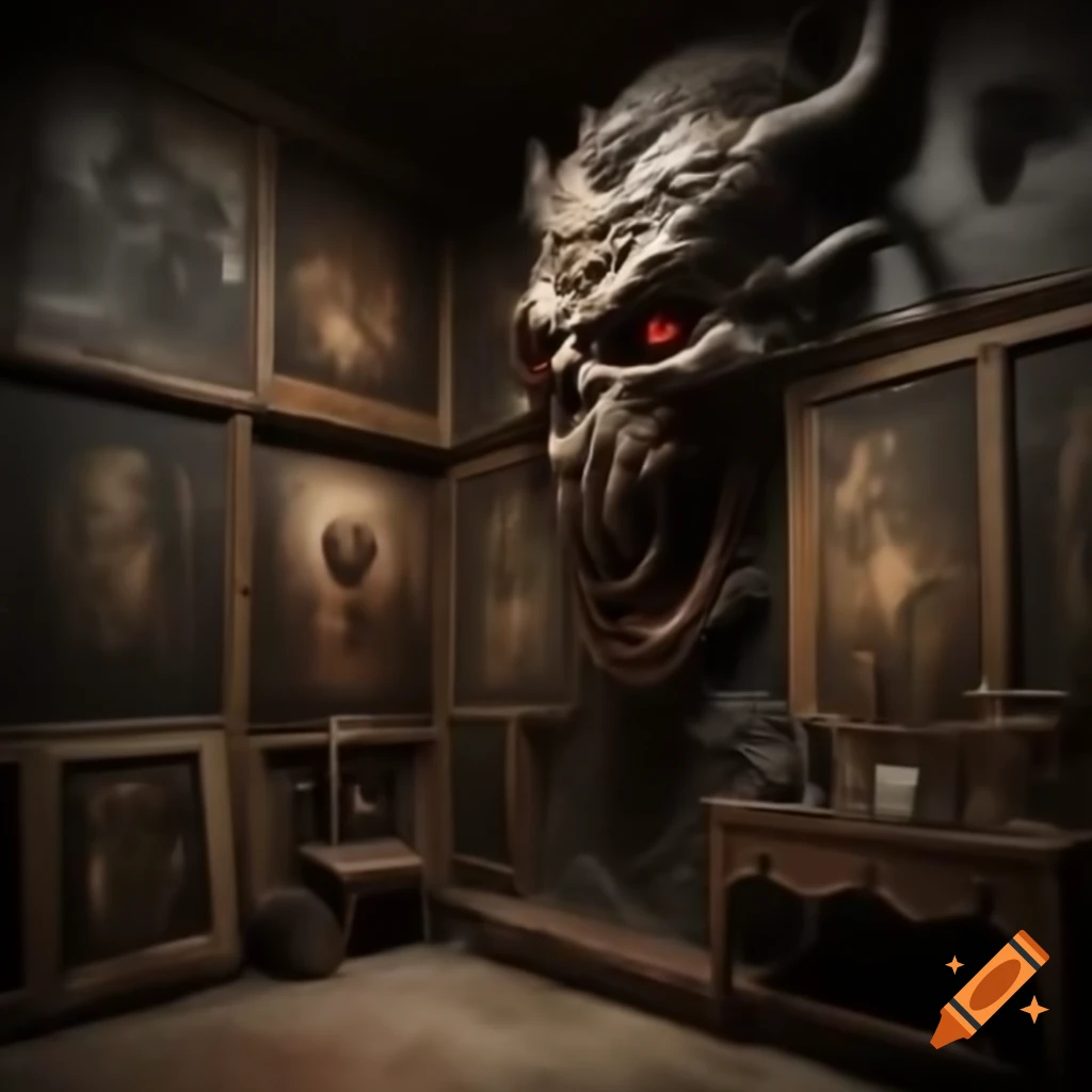 Scary house with large room featuring demonic drawings on walls