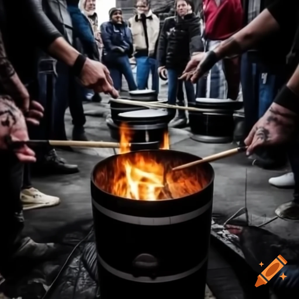 Fire pit made from 55-gallon drum in urban environment, fingerless gloves