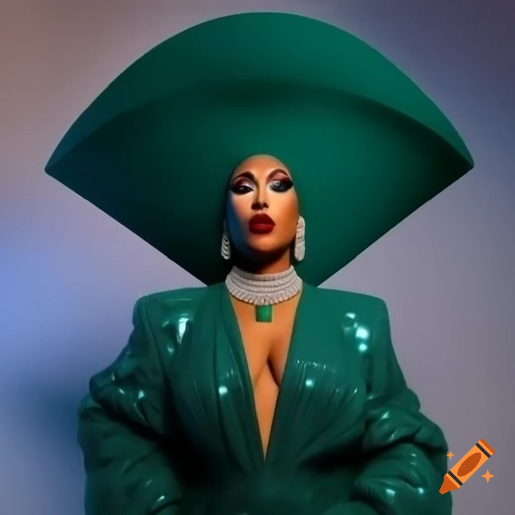 Monochromatic emerald look featuring a drag queen in sequined jumpsuit with plunging neckline