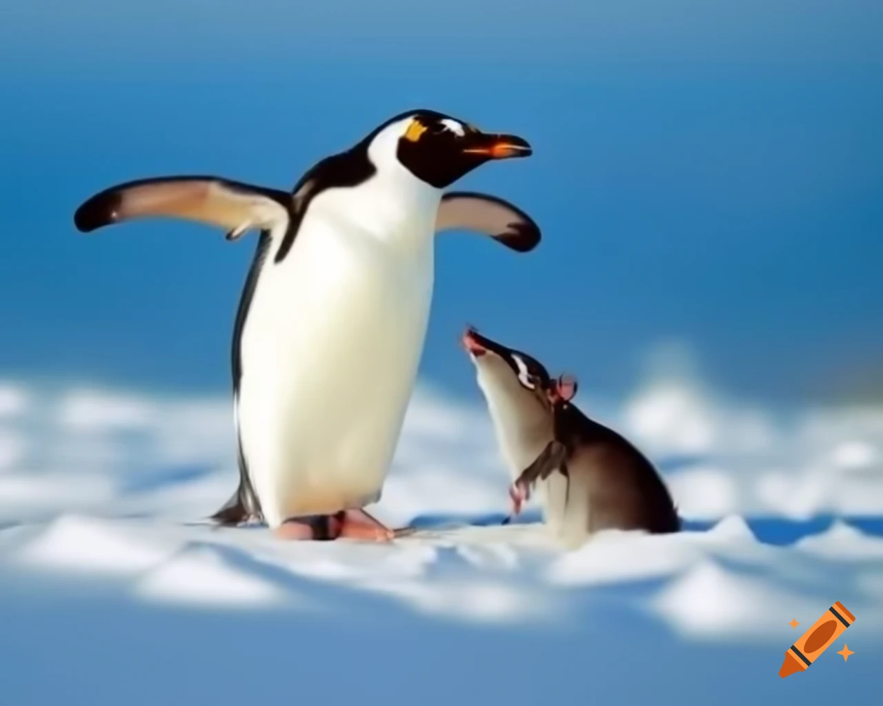 Penguin chasing rat in an outdoor setting