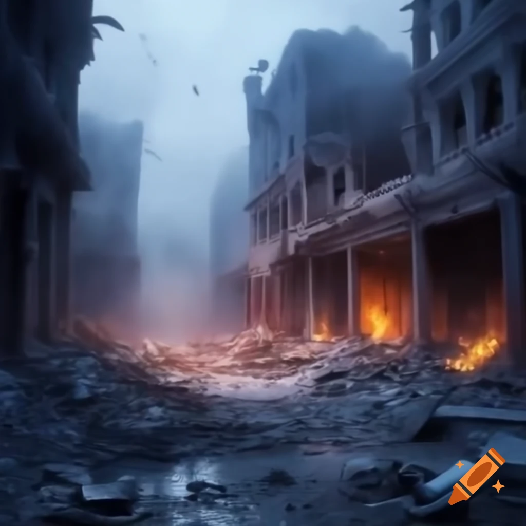 Destruction of streetscape with smoking rubble and twisted metal