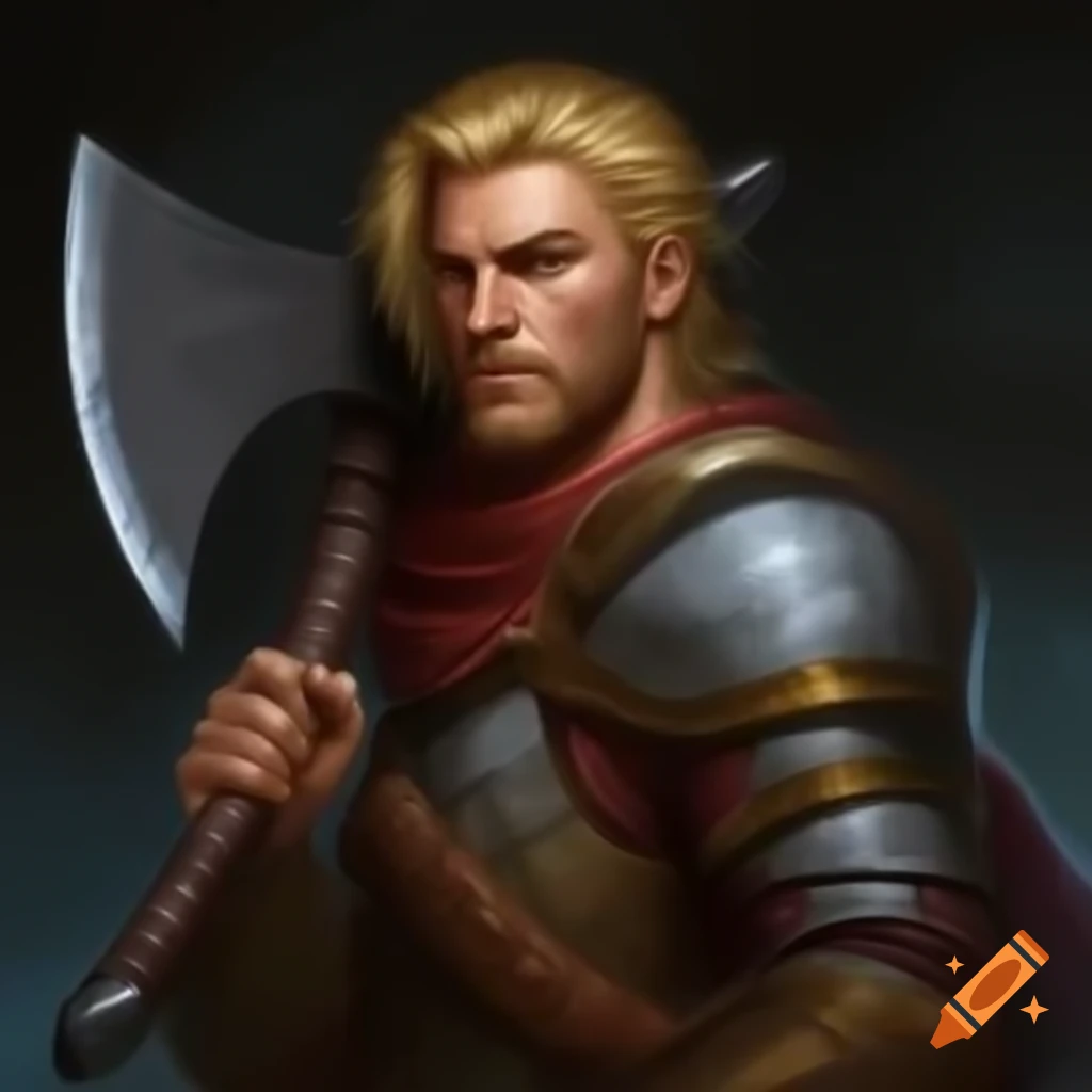 Blond surfer in plate armor wielding double edge war axe
