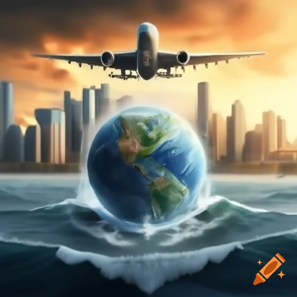 Globe with sea, cargo ship, and skyscrapers against an orange sky