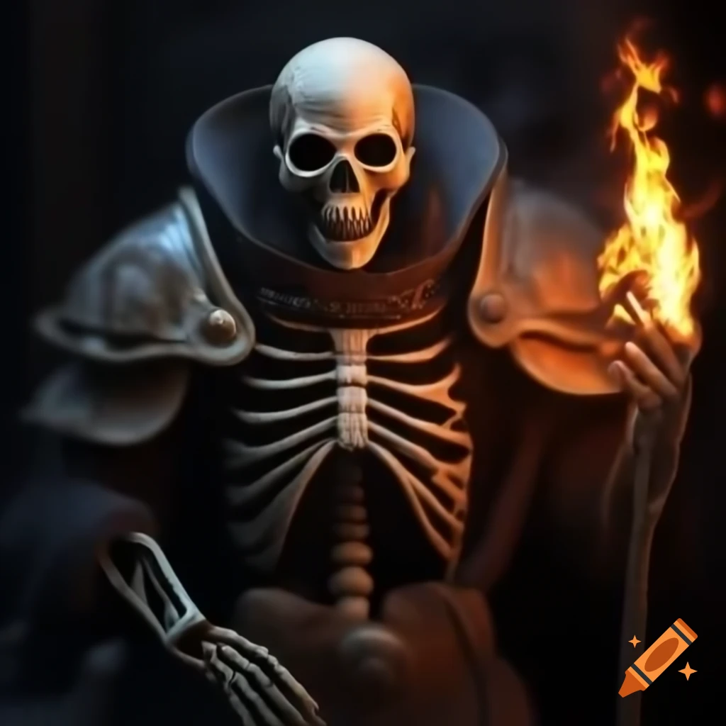 Realistic skeleton fire mage conjuring flames while yelling