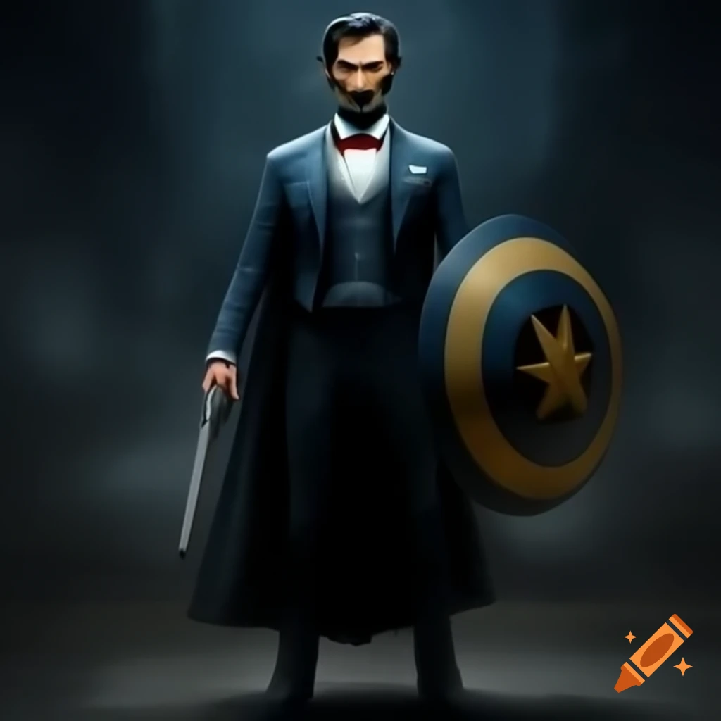 Abraham Lincoln in superhero costume, holding a shield and ray gun