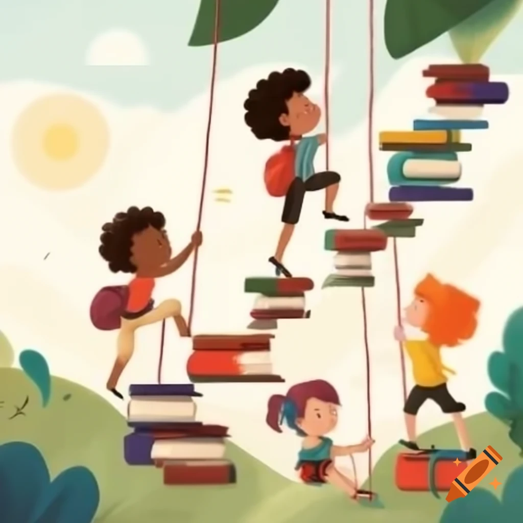 Children climbing books arranged like steps