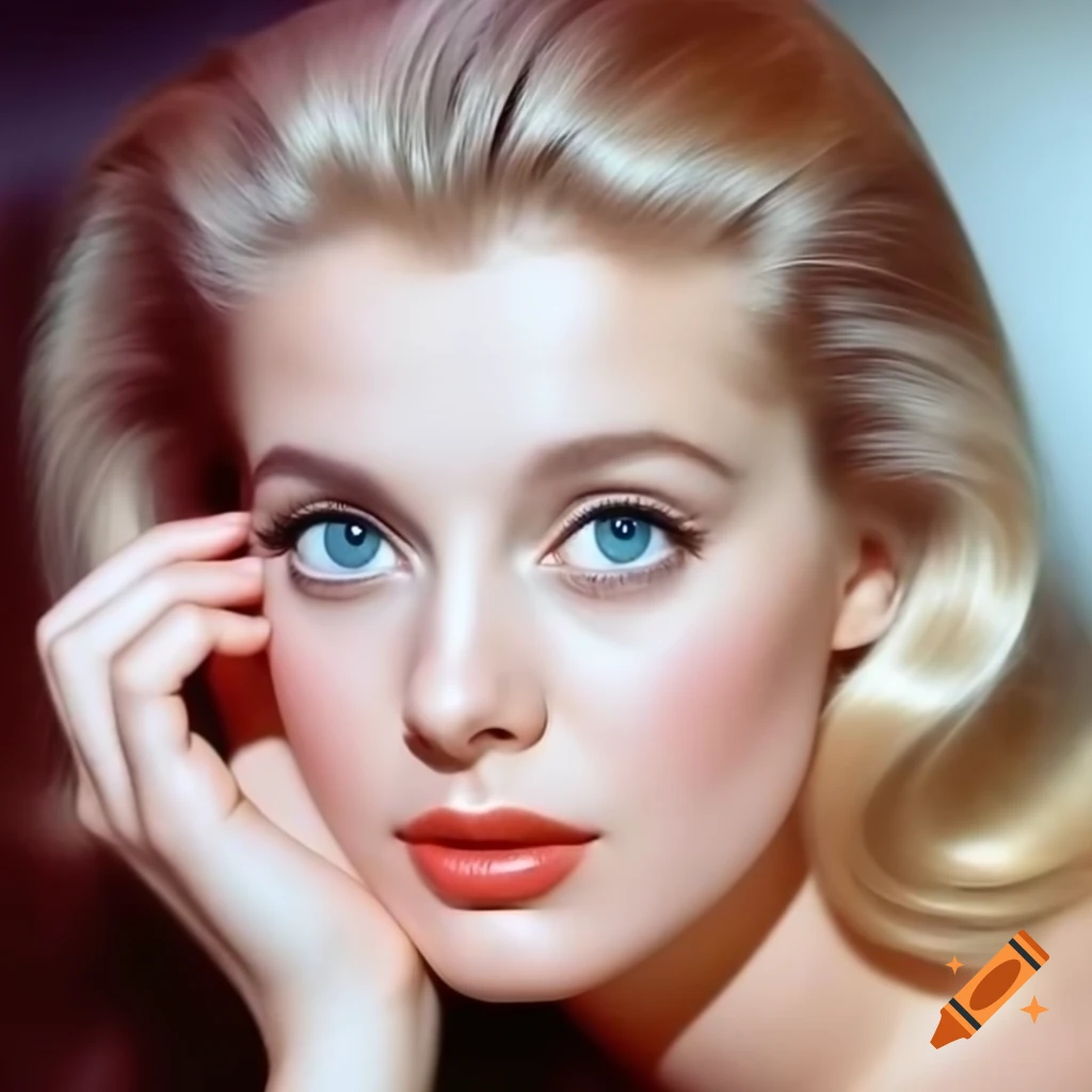 Hyper-realistic photograph of beautiful European actress from 1963 with porcelain skin and blue eyes