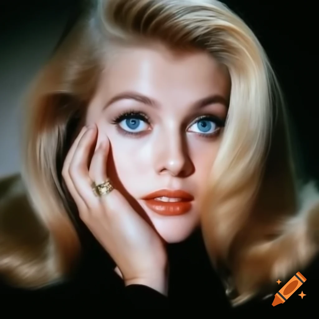 Hyper-realistic portrait of a beautiful 1963 European actress with porcelain skin and blue eyes