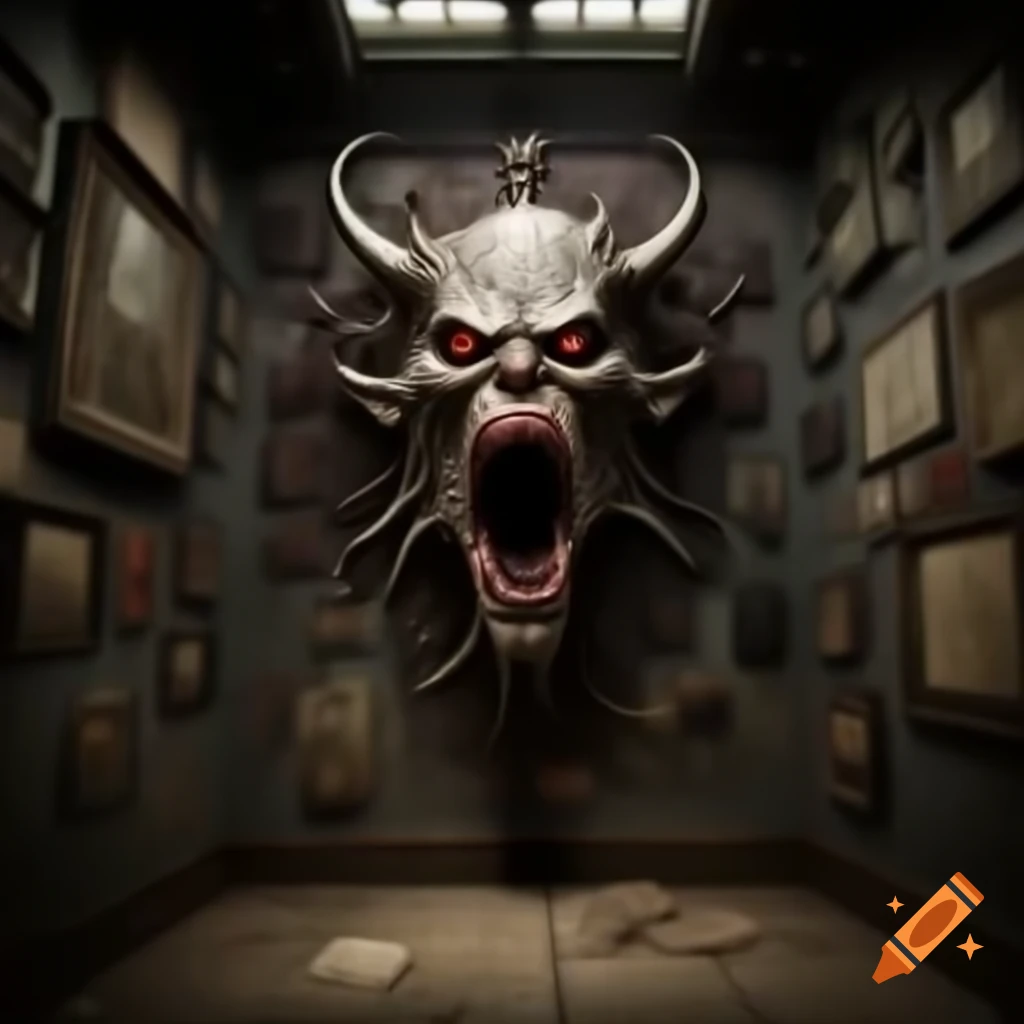 Scary house with large room featuring demonic drawings on walls