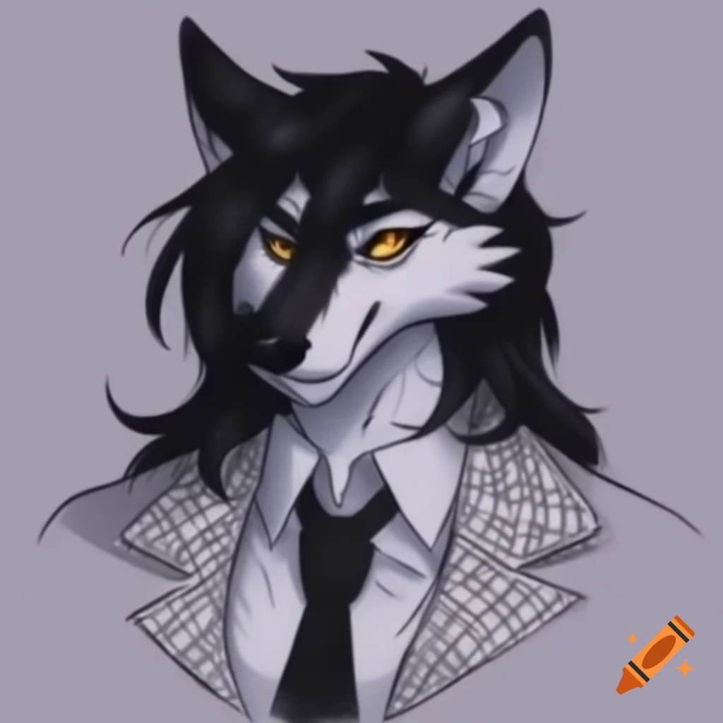 Anthropomorphic black wolf in formal attire with white fur pattern and long black hair