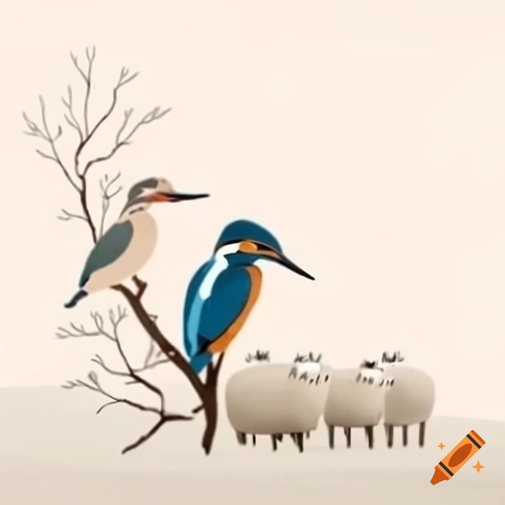 Minimalist painting of a kingfisher and woodpecker on a tree with sheep in the background