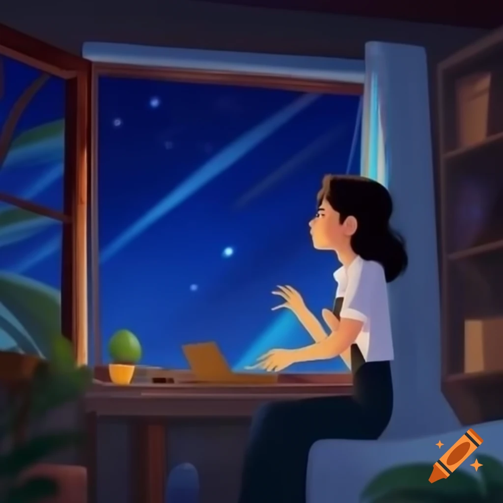 Woman working from home with starry background visible through window