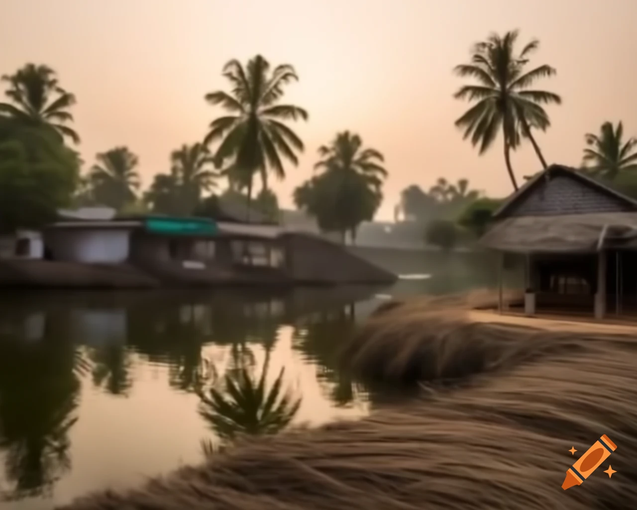 Tranquil village of Godavari along river, featuring hardworking farming couple