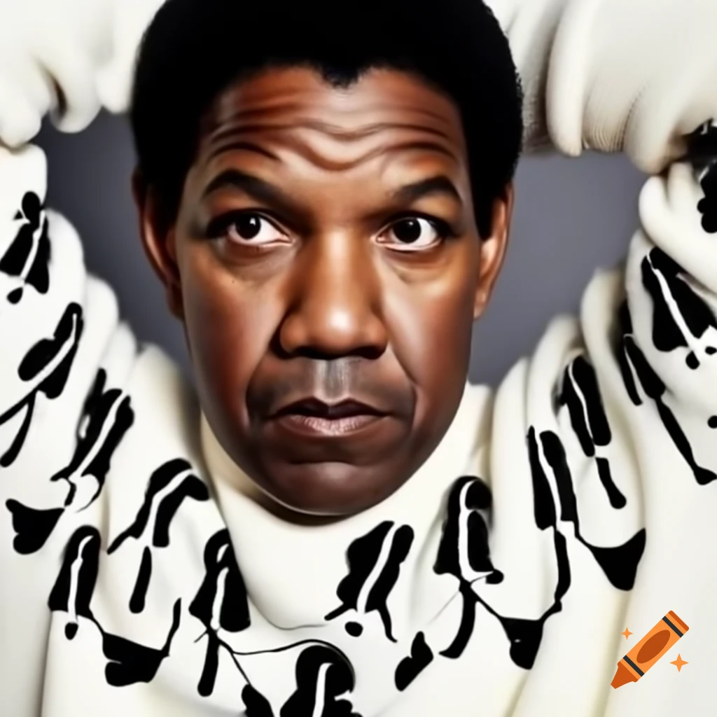 Denzel Washington in white sweater with black designs of people