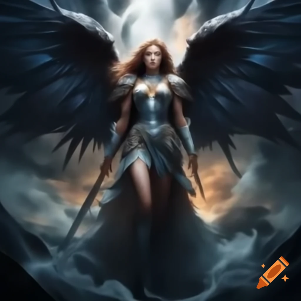 Cosmic winged warrior in white armor at sunrise with sapphire eyes