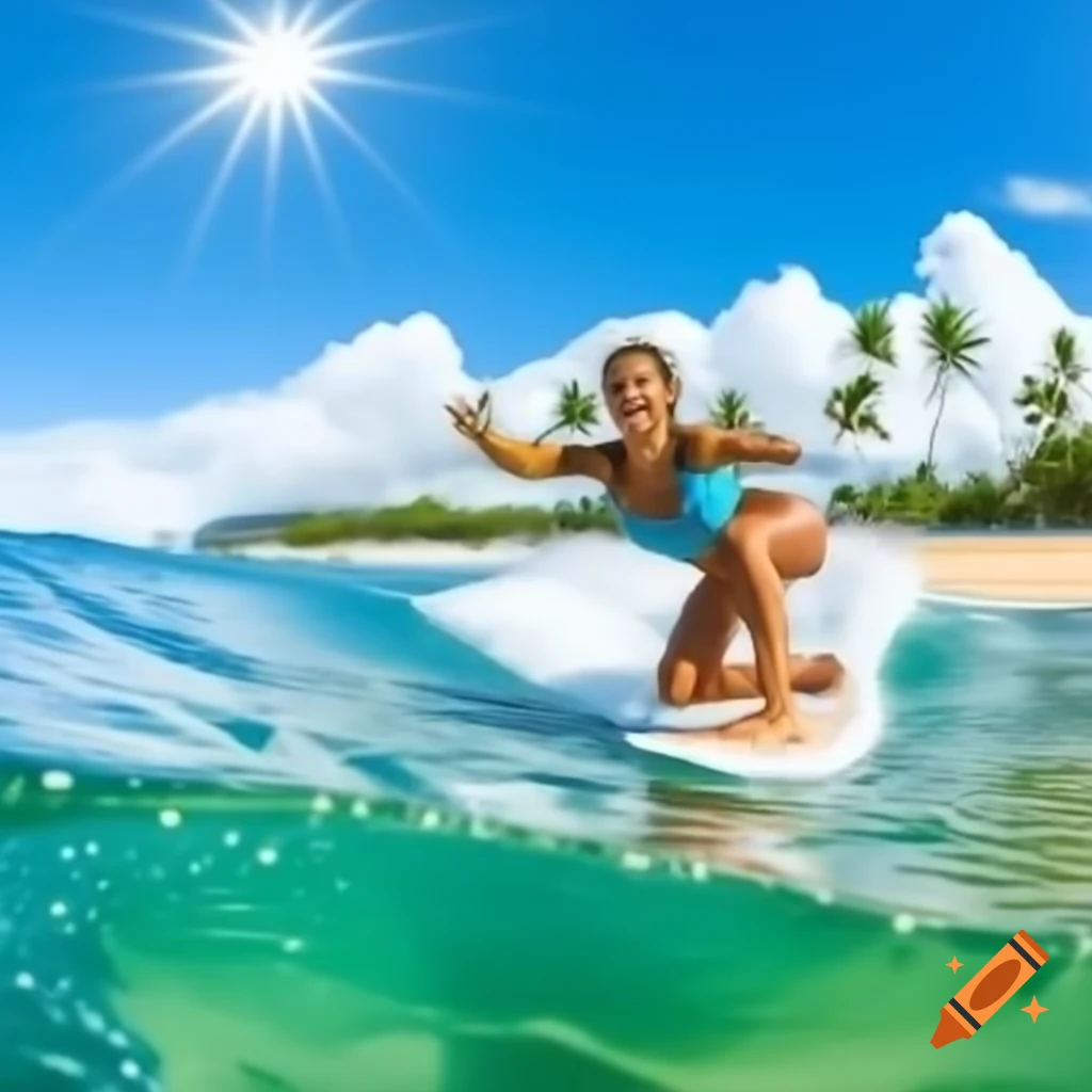 Beautiful woman surfing waves in Hawaii on a sunny day