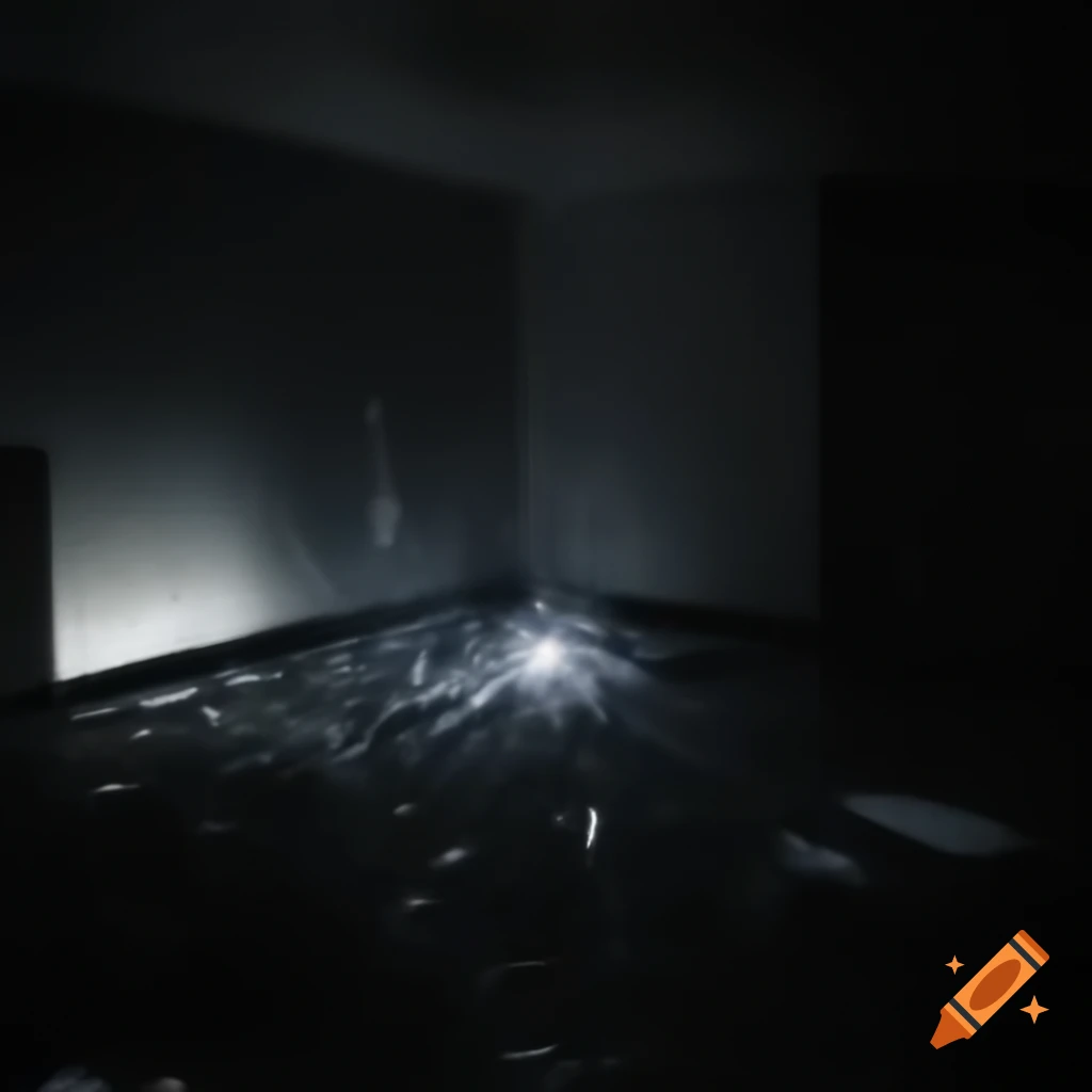 Dark room corner with disco lights, shattered glass, and spilled water