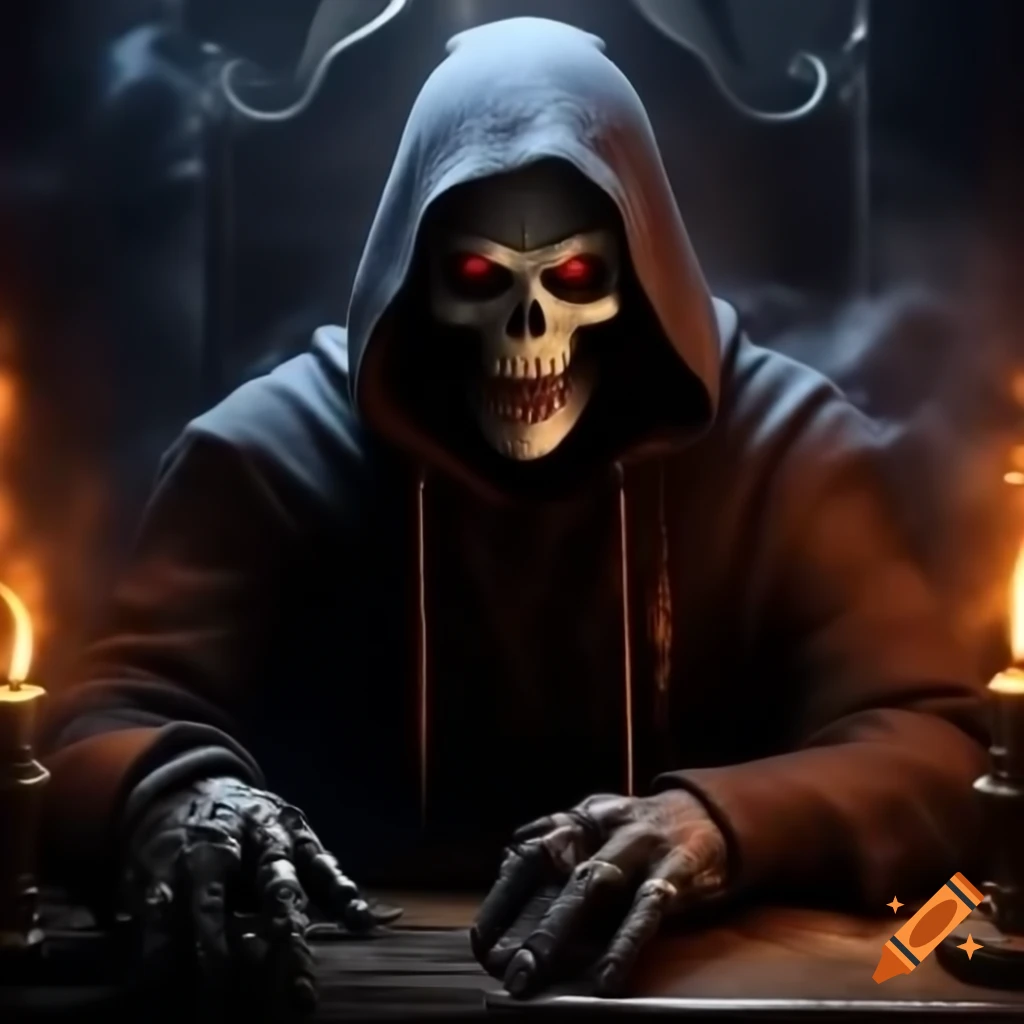 Gothic reaper with glowing eyes in hell fire, smoking a bong