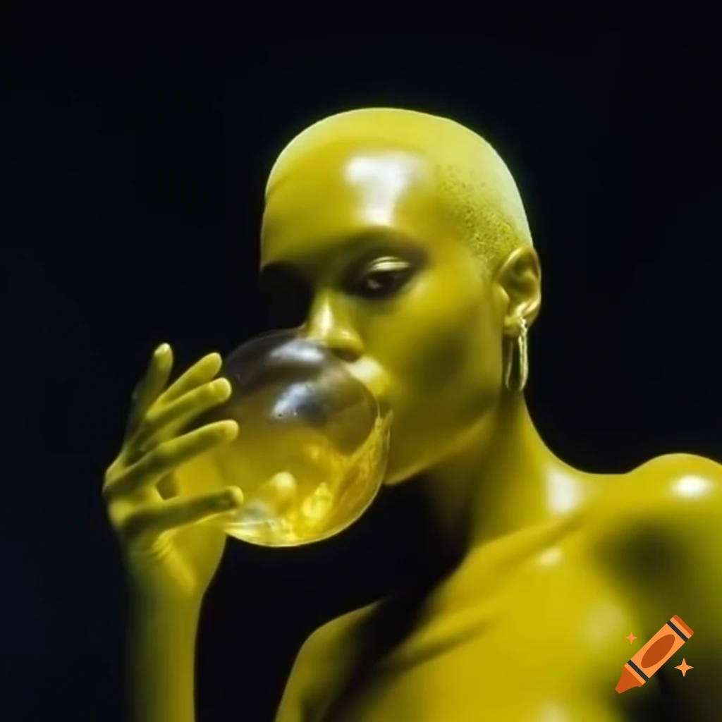 Pop surreal photography featuring iridescent yellow glass statue