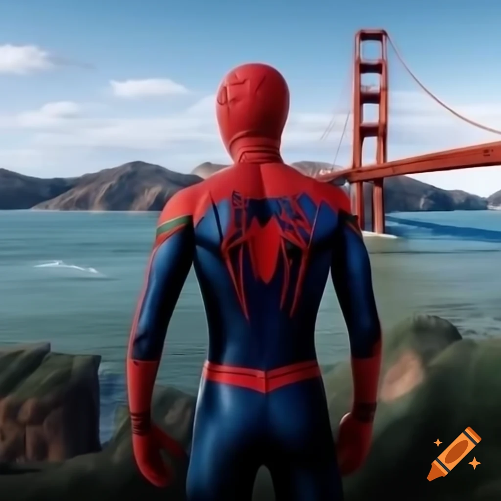 Spider-Man posed on Golden Gate Bridge