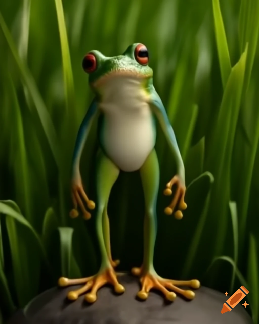 Frog-headed person in green tailcoat standing on rock with shallow depth of field