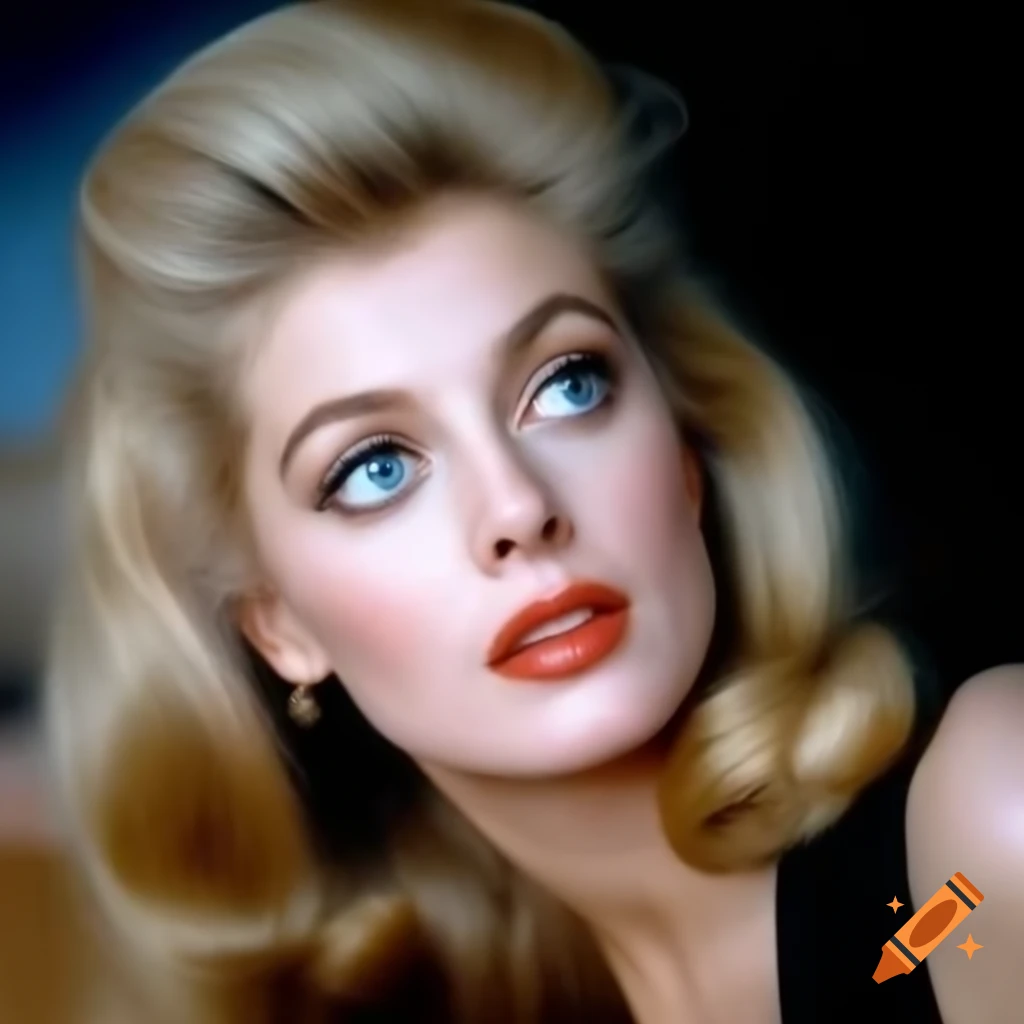 Hyper-realistic photograph of a beautiful European actress from 1963 with porcelain skin and blue eyes