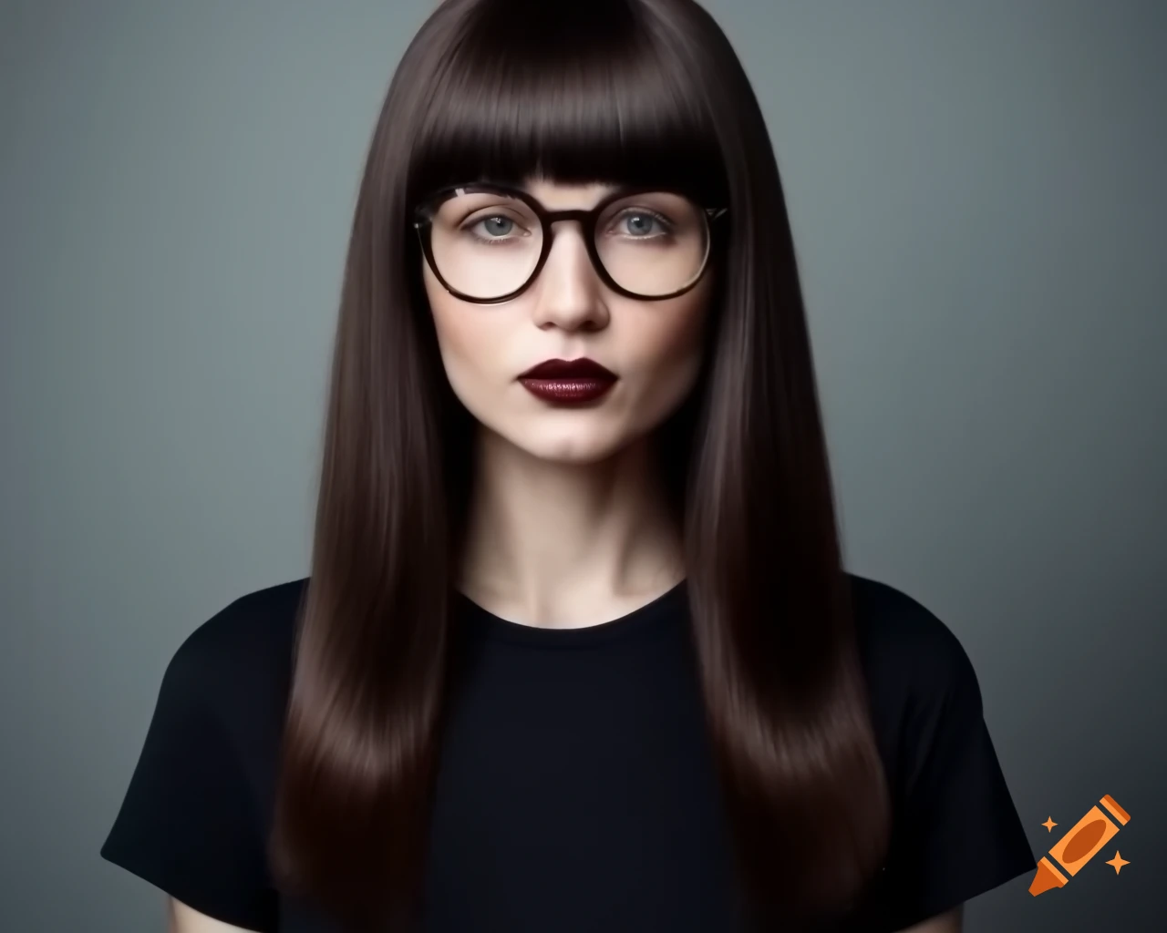  Woman with bob hairstyle and glasses in orange turtleneck sweater ...