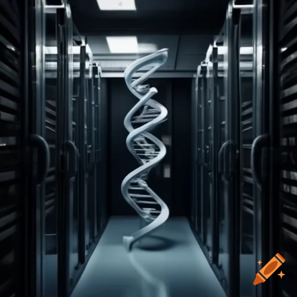Large server room with racks and illuminated DNA helix