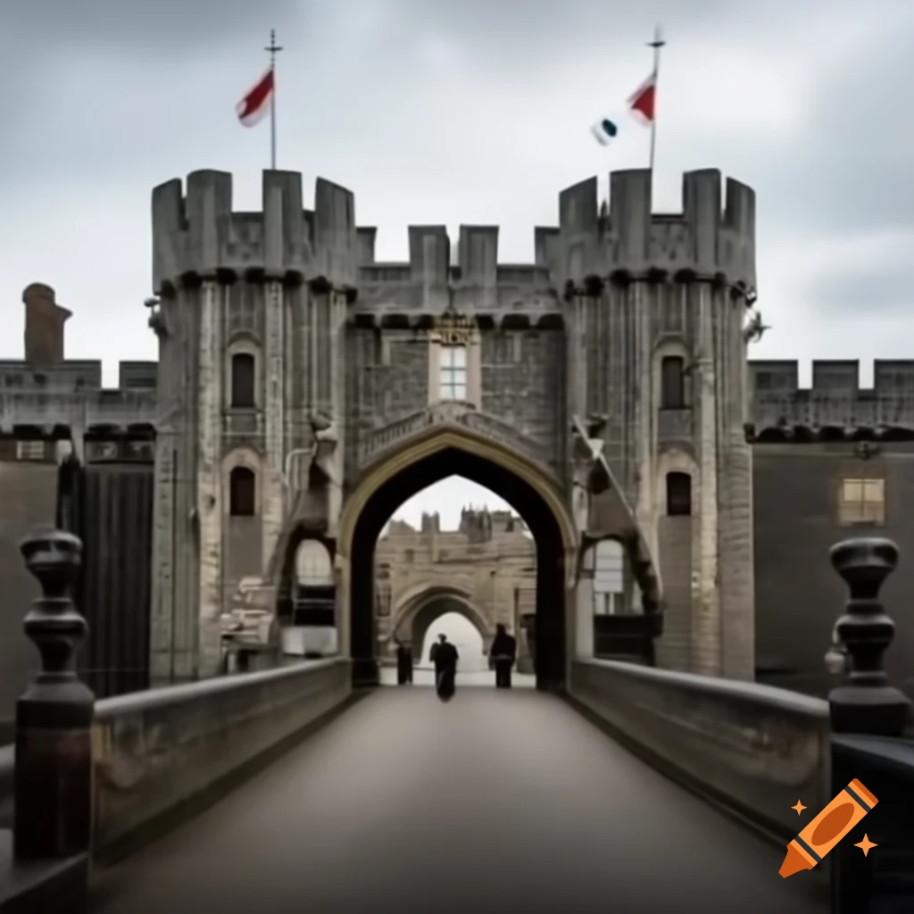 Medieval castle gate with drawbridge, portcullis, and armed guards