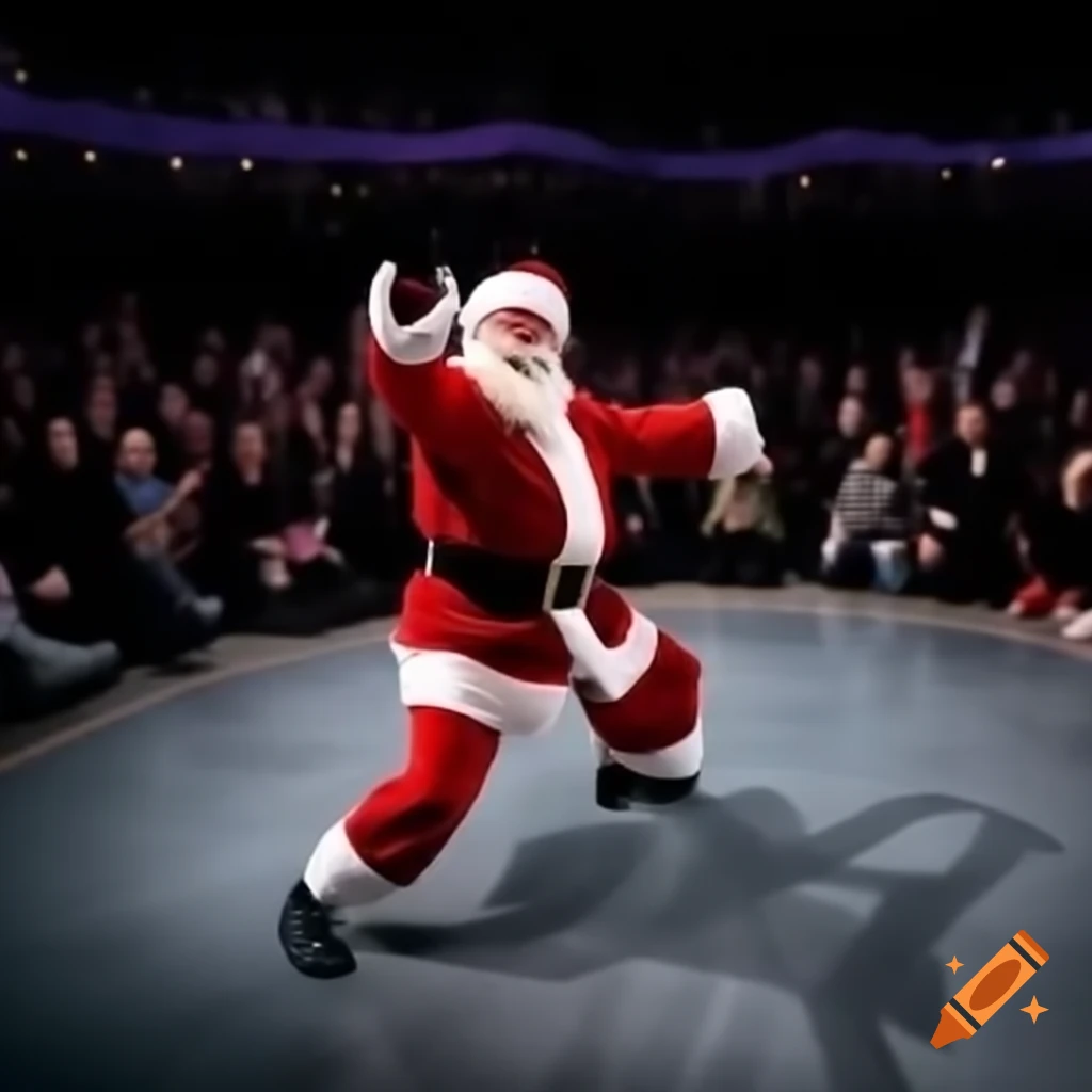 Santa dancing and breakdancing on the dance floor surrounded by cheering crowd