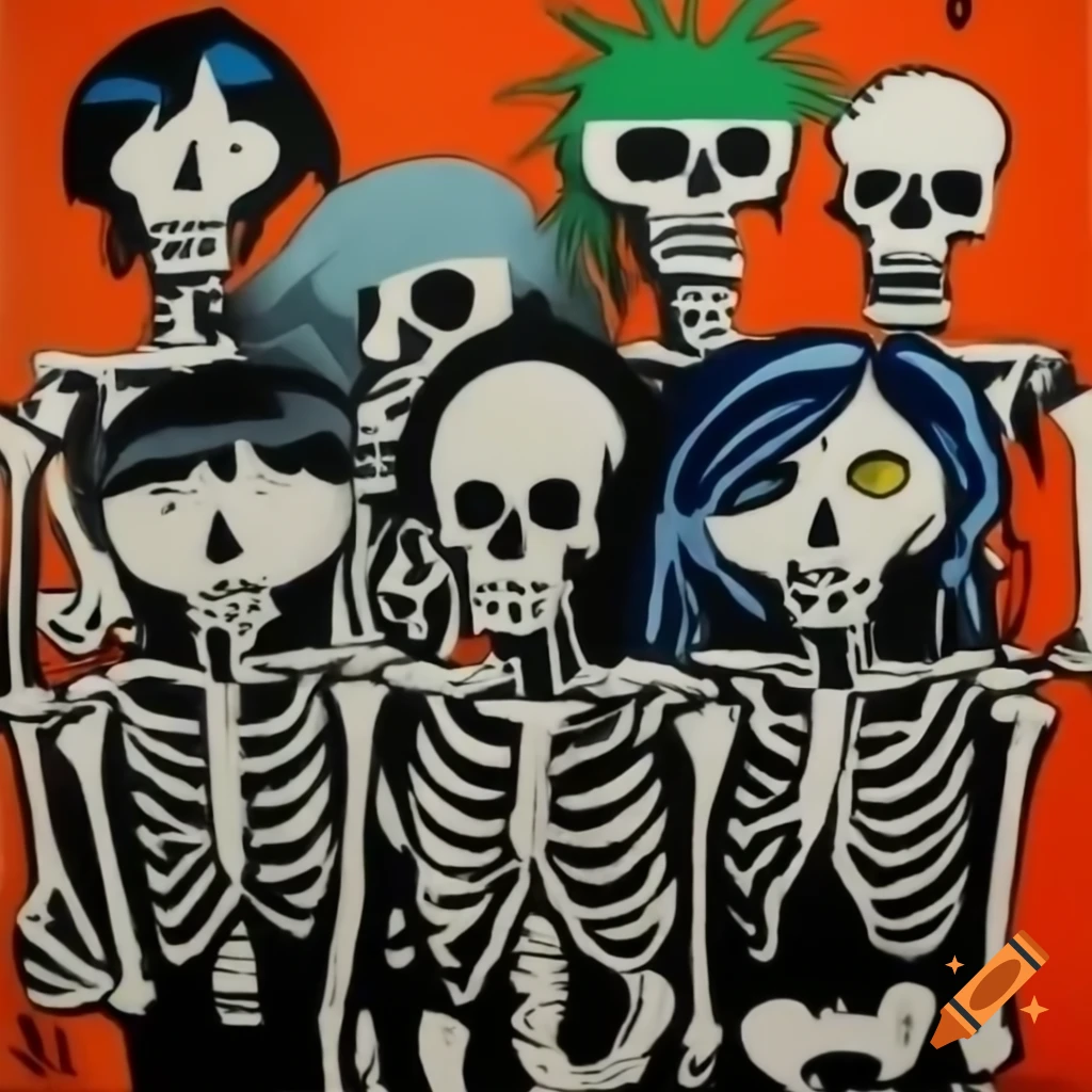 Charcoal drawing of skulls in Basquiat and Gorillaz style