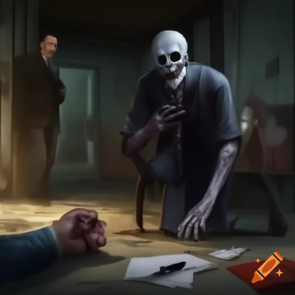 Horror ghoul in tattered clothes in abandoned hotel lobby with surprised man holding pen and papers