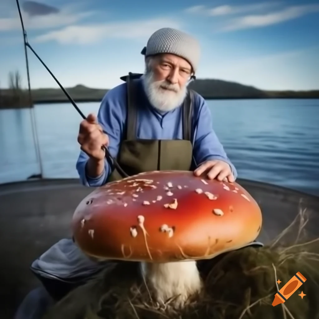 Old fisherman with grey beard fishing by lake, sitting on giant mushroom