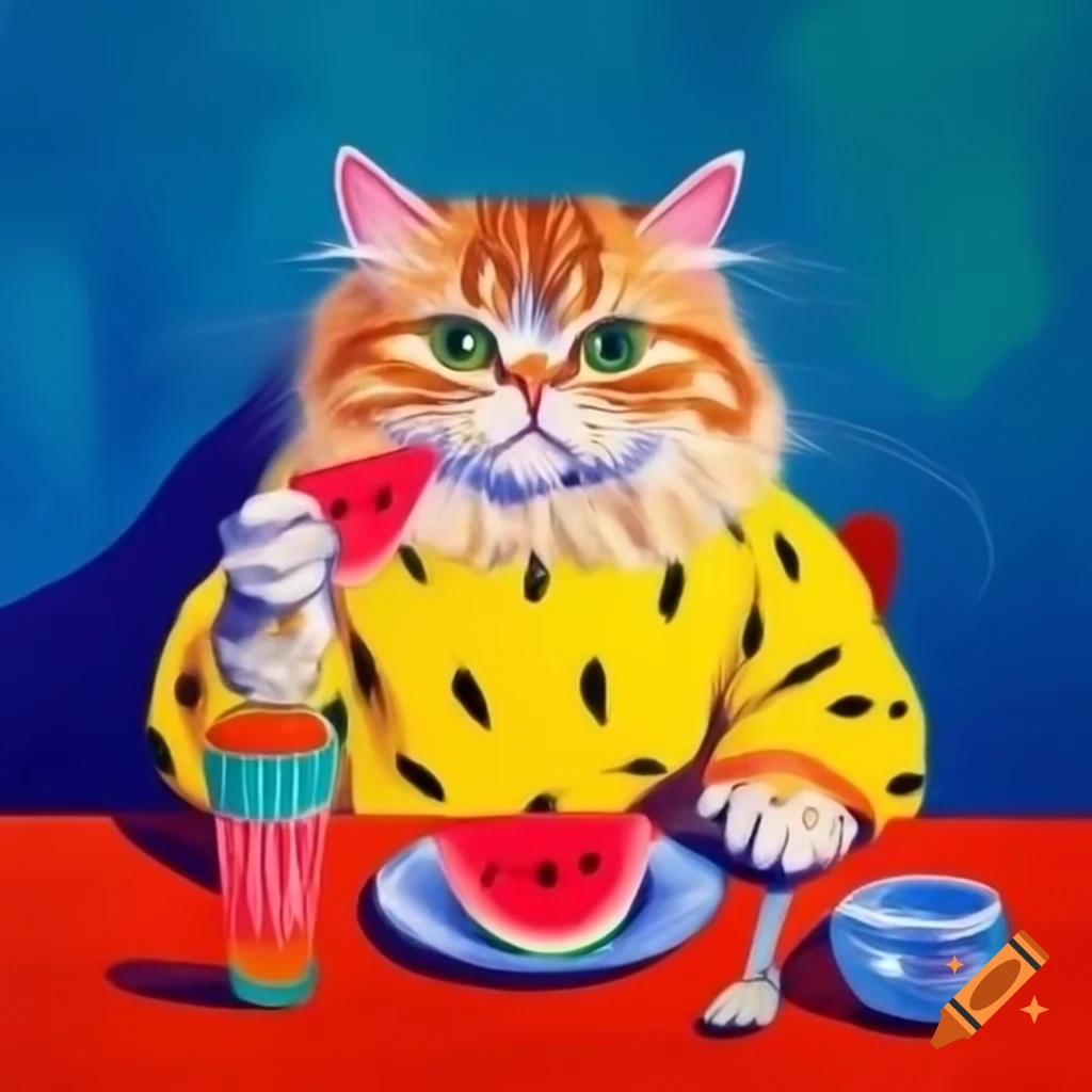 Fluffy cat in yellow clothing eating watermelon at table, colorful watercolor painting