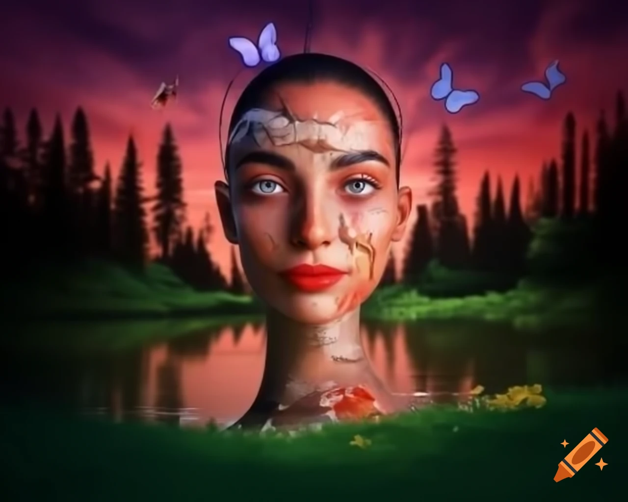 Surreal 3D render of woman's face in forest with wildflowers and butterflies