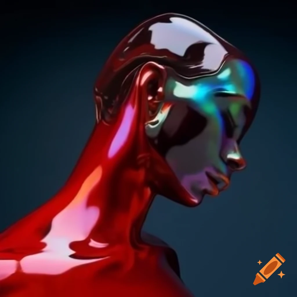 Iridescent red glass statue in 2000's pop surreal photography