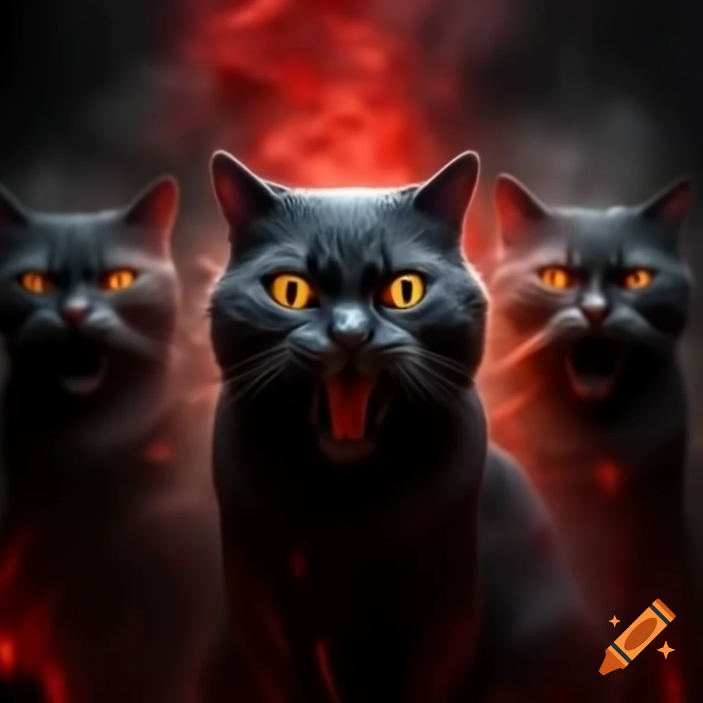 Cat's shadow with glowing eyes in crimson mist