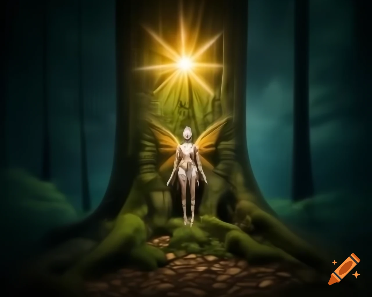 Photorealistic 3D render of a fairy standing by a tree in a forest
