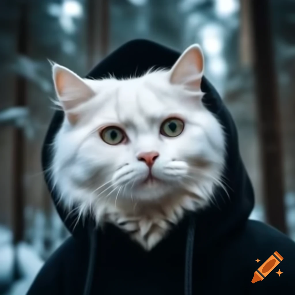 White Norwegian Forest cat wearing black hoodie