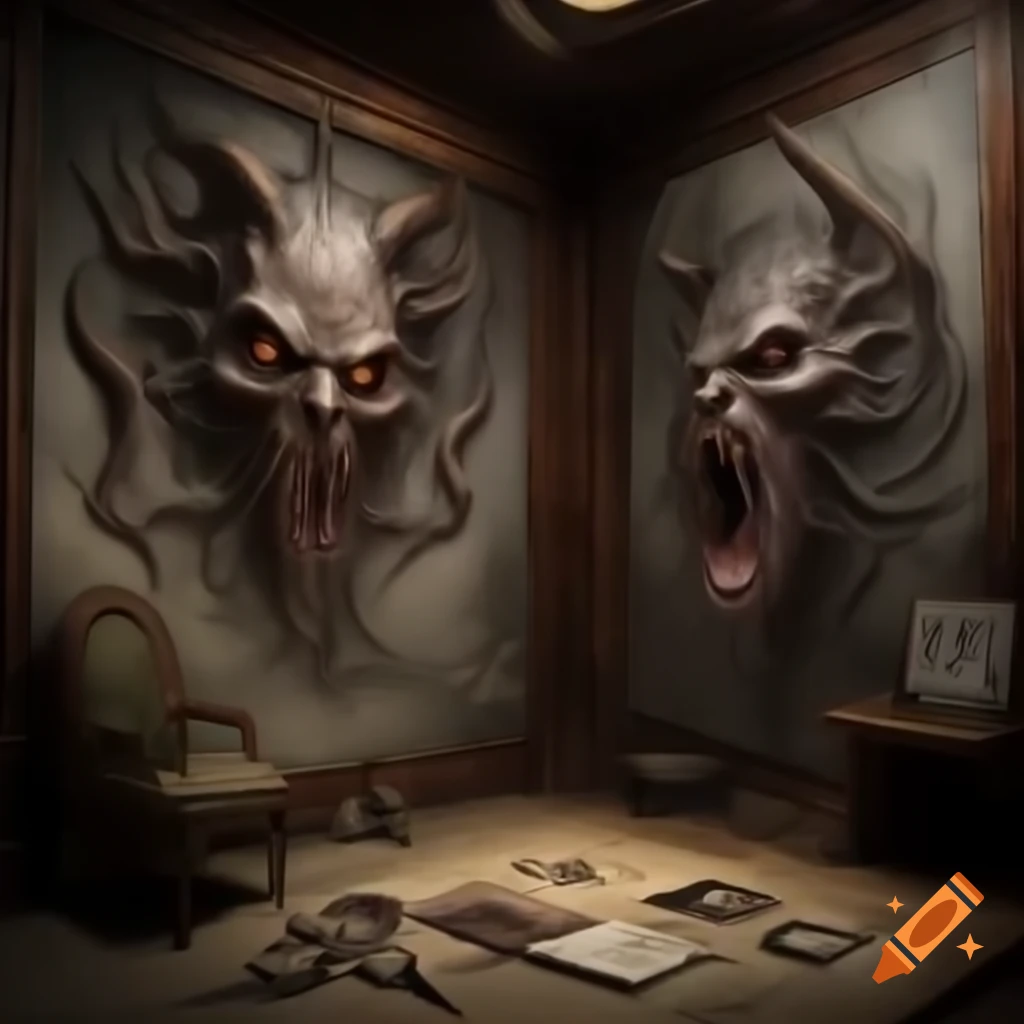 Scary house room with demonic drawings on the walls
