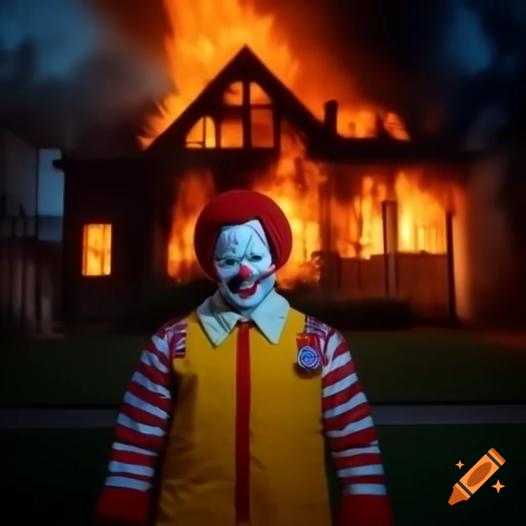 Ronald McDonald looking at a house fire with a menacing gaze