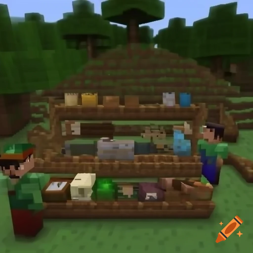 Minecraft market scene with villagers trading goods
